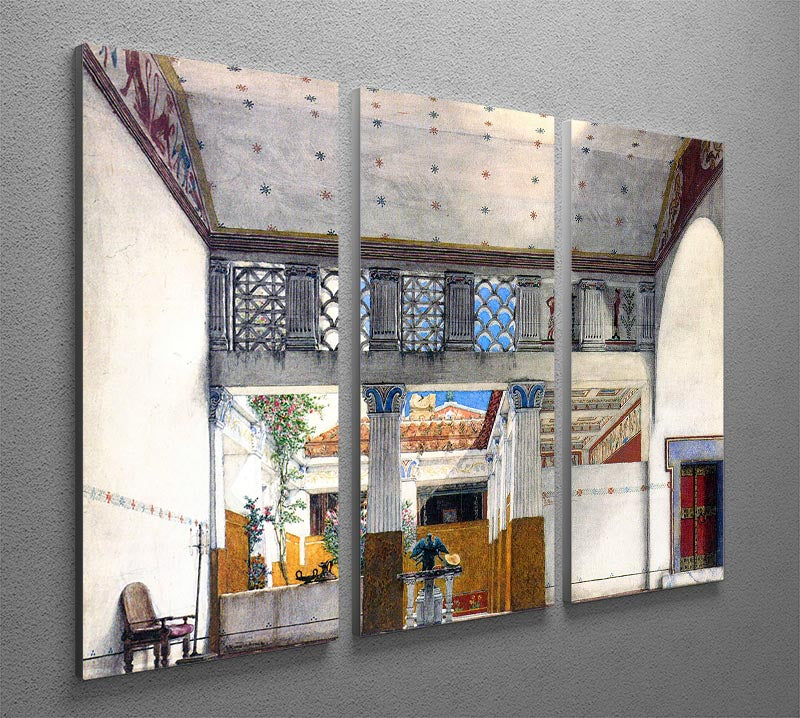 Three-panel canvas art depicting the Establishment of Caius Martius house by Alma Tadema, showcasing intricate details and vibrant colors.